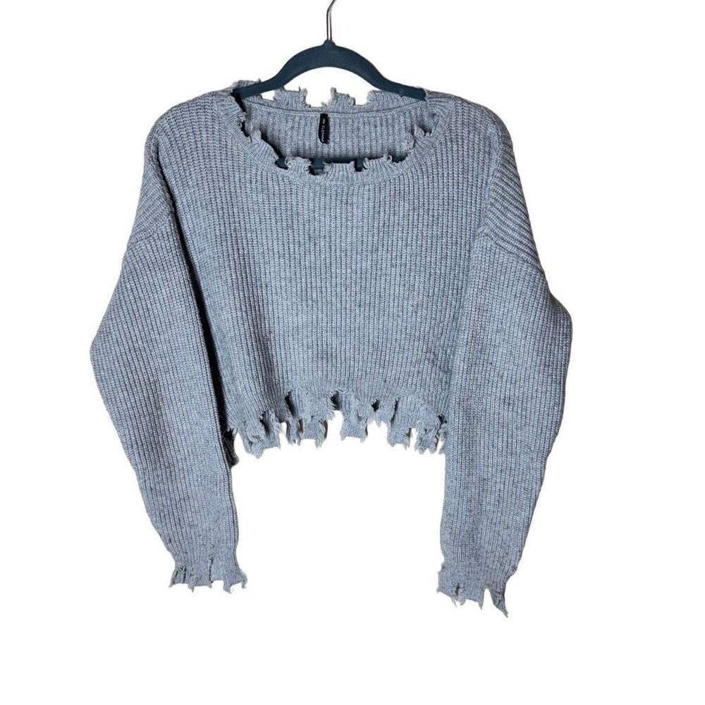 Aria Clothing Cropped Distressed Hem Sweater in Grey Ribbing S